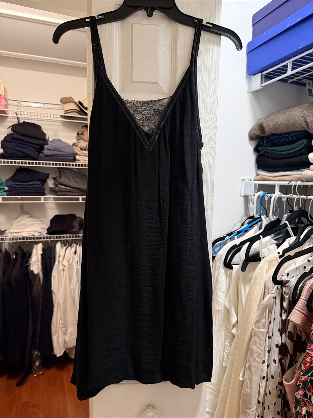 Maje Black Lace and Leather Detail V-Neck Slip Dress